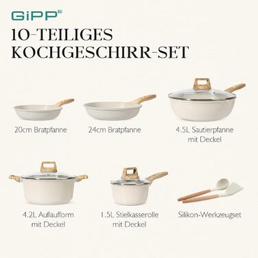 Набір посуду GiPP 10 предметів: каструлі та сковороди з гранітним покриттям, білий. Підходить для всіх типів плит, включаючи індукційні. У комплекті лопатка та ложка.