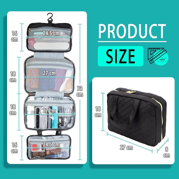 Чорна дорожня косметичка Pinkiou з гачком для підвішування, велика водонепроникна сумочка для косметики для жінок