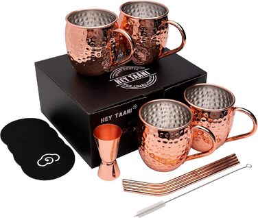 Moscow Mule Mug Set - 4 x 500 ml Copper Mug Set with Stainless Steel Interior - Cocktails, Iced Coffee, Lemonade & Gin Copper Mugs - 4 Straws, 4 Coasters, Jigger & Cleaning Brush