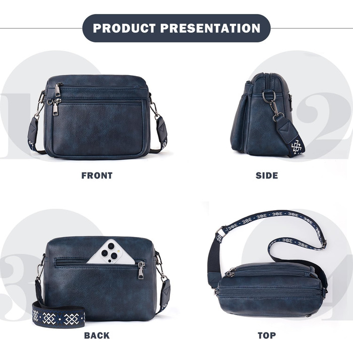 Сумка жіноча через плече MUIIKOLA середнього розміру шкіряна темно-синього кольору з широким м'яким ременем