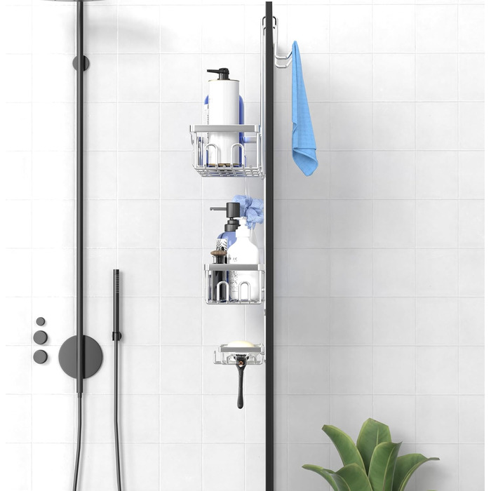ZUIMENG Shower Shelf, 3 Tier Shower Caddy, No Drilling Shower Shelf, Bathroom Shelf Shower Basket Hanging, Shampoo Holder Shower Hanging Shelf for Glass Door Shower Wall with Soap Dish and Hooks (Silver)