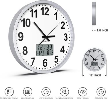 KWANWA Modern Wall Clock • Silent Operation (No Ticking) • Digital LCD/LED Display • Calendar & Temperature • Battery Powered • 30.5cm • 12-Hour Format, Perfect for Kitchen, Bedroom & Office