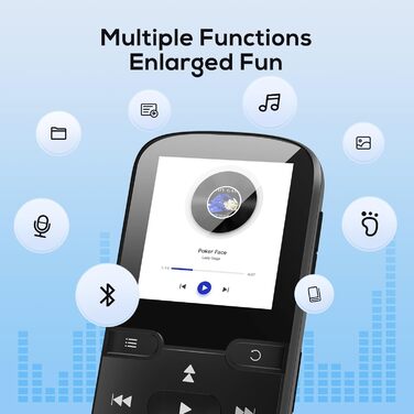 MP3 плеєр Bluetooth 5.3 16GB, Радіо, E-Book, Крокомір, Диктофон, Підтримка MicroSD до 128GB (Чорний)