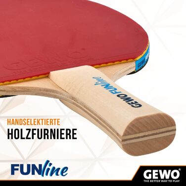 Набір для настільного тенісу GEWO Fun – одиночні або комплекти (1-4 ракетки), м'ячі, сумка, сітка – для початківців, хобі та відпочинку. Покриття Noppen-Innen, конкавний грифель. 2 ракетки + 3 м'ячі + сітка (конкавна)