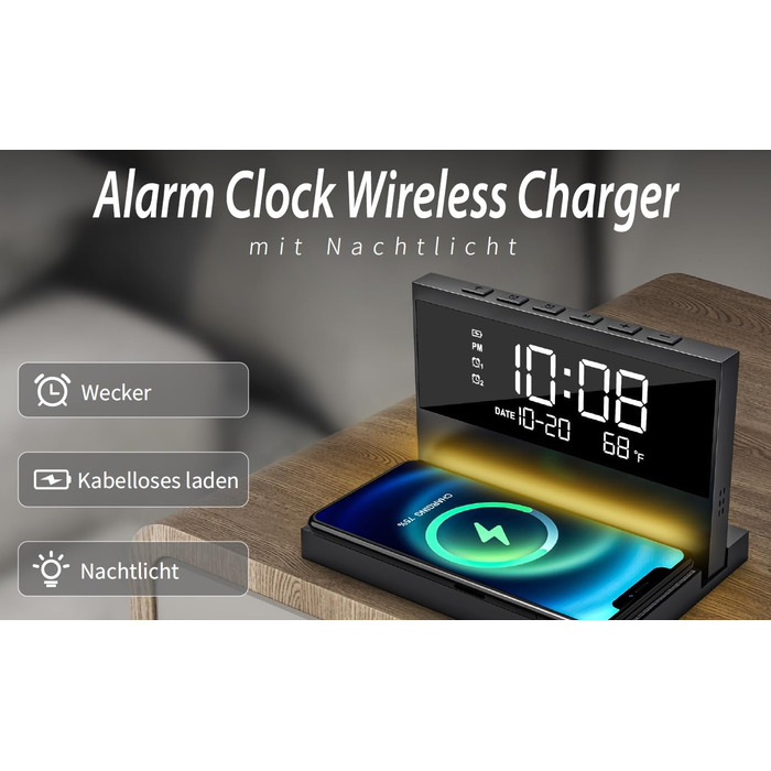 Бездротовий зарядний пристрій Reflexion ACW2188: зарядка смартфона, будильник, нічник, USB-порт, великий дисплей