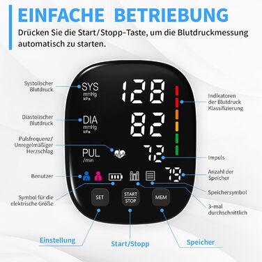 Тонометр на плече з великим LED-дисплеєм, визначення аритмії, вимірювання пульсу та індикатор ризику, 2×199 місця пам'яті, USB-порт, манжета 22-42 см