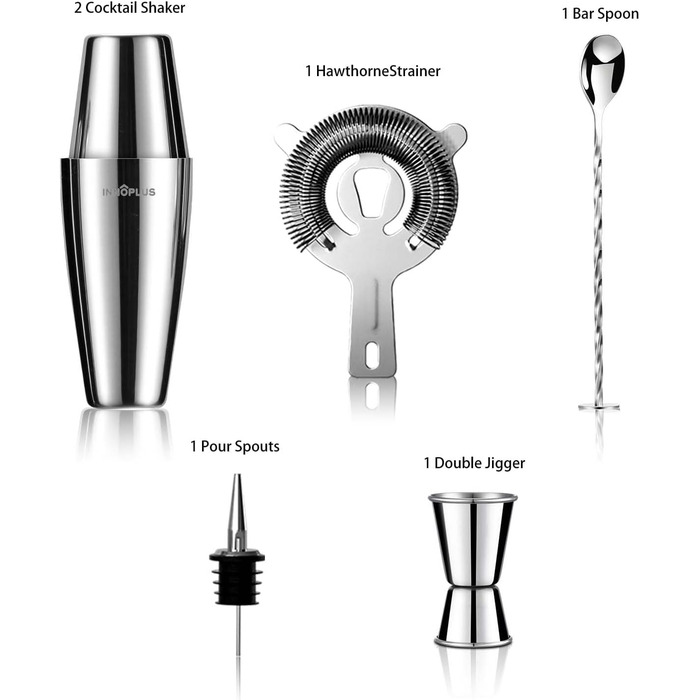 Набір для приготування коктейлів: шейкер Boston, ложка, аксесуари для бармена (6 предметів)