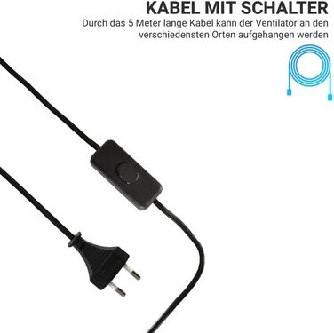 Мобільний стельовий вентилятор Bestlivings, білий, діаметр 40 см, 5м кабель, з вимикачем, 220V-240V, 5W