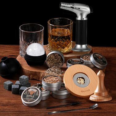 Набір для копчення віскі з факелом: 6 смаків, дерев'яні тріски, 2 склянки, 6 контейнерів для віскі, коктейльний набір для копчення, набір для копчення напоїв, подарунок на день народження для любителів бурбону (без бутану)