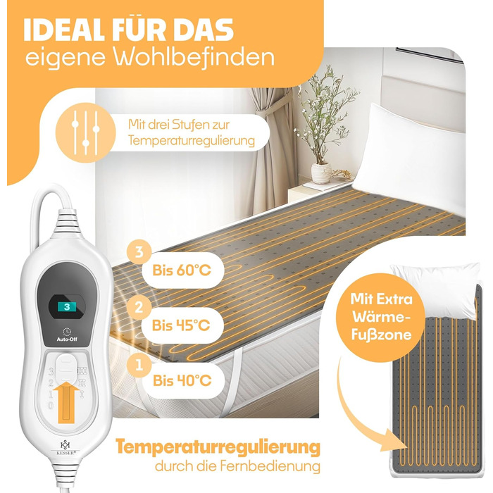Електрична ковдра KESSER® з автоматичним вимкненням та пультом дистанційного керування | 3 температурні режими | Підійде для будь-якого ліжка | Тепла ковдра з м'якого флісу, білий колір, 150x80 см, антрацит