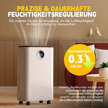 12L/Day Dehumidifier, Auto Dehumidification, 24H Timer On/Off, Continuous Drainage, Powerful Room Dehumidifier with LED Display and Control, Against Moisture