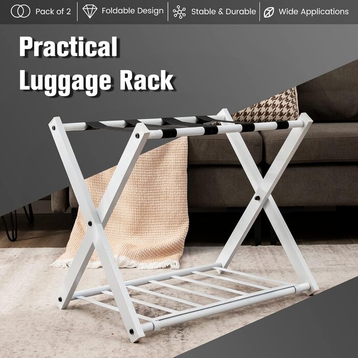 GIANTEX Folding Luggage Rack 2-Tier 68 x 43 x 58 cm Luggage Shelf Baggage Rack Metal Space-Saving Luggage Stand for Bedroom Guest Room Hotel Black (2 Pieces, Black) (2 Pieces, White)