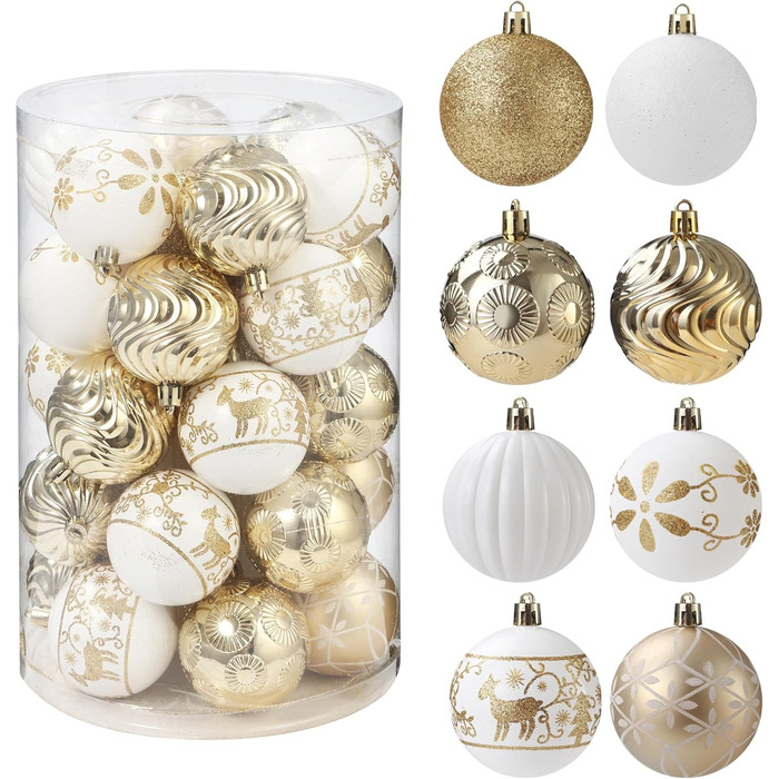 34 штуки новорічних кулі, прикраси для ялинки з пластику, новорічні прикраси з ключ-стрічкою, набір з малюнком оленя, кульки для прикраси ялинки (біле золото)
