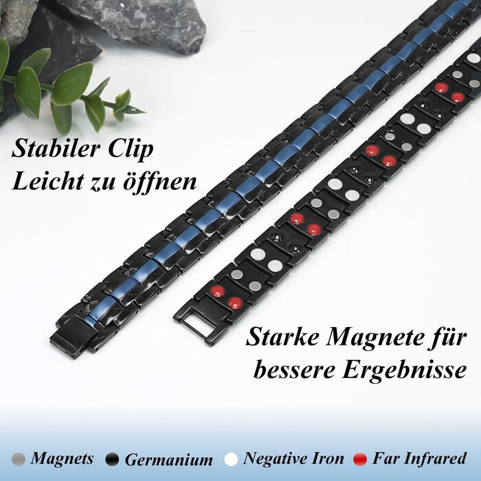 Браслет магнітний чоловічий Vicmag з титанової сталі, подвійна лінія, надміцні магніти, інструмент для регулювання та подарункова коробка (Блакитний, 4 елементи)