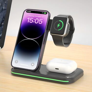 MMOBIEL Бездротова зарядка 3-в-1 для iPhone, Apple Watch та AirPods - 15W швидка індуктивна зарядка - Чорний колір