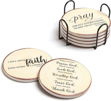 Hoomey Drink Coasters with Bible Verses, 6 Pack - Absorbent Drink Coasters with Holder, Ceramic Coasters with Cork Back for Table Protection, Christian Coasters, Christian