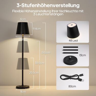 Світлодіодна настільна лампа 3-в-1 бездротова з акумулятором 5500mAh, регульована висота, димування, 3 кольори світла - USB акумуляторна настільна лампа металева водонепроникна сенсорна для дому та вулиці, чорна (набір 2 шт.)