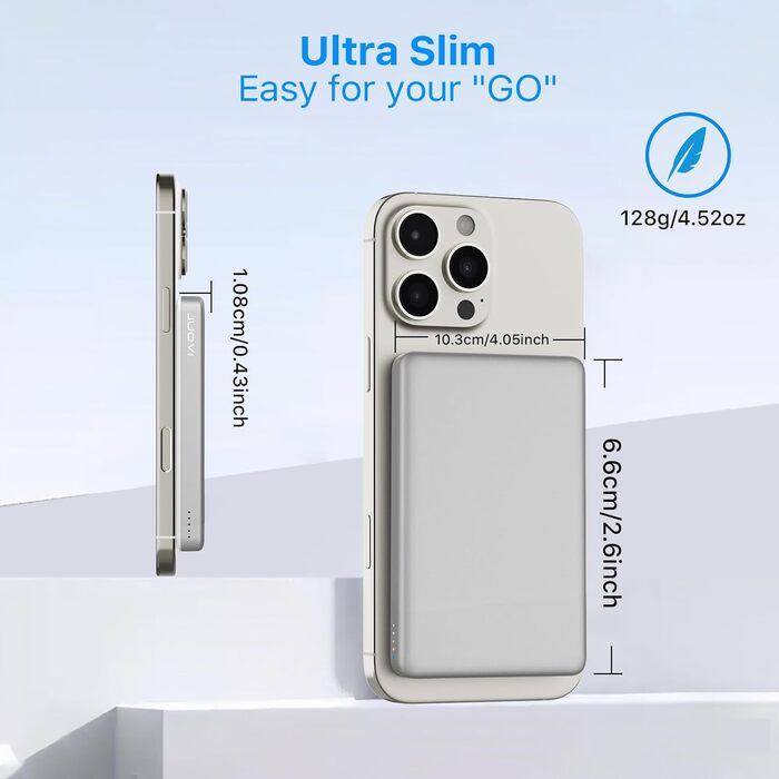 Power Bank JUOVI Магнітний Бездротовий 5000mAh 20W PD, Білий. Сумісний з MagSafe, iPhone 16/15, iWatch, AirPods.