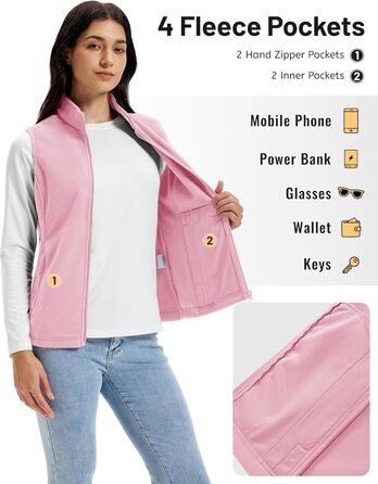 TACVASEN жіноча флісова жилетка Outdoor, тепла жилетка з капюшоном та кишенями на блискавці, спортивна жилетка для жінок (XXL, Рожевий)