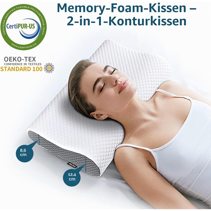 Ергономічна ортопедична подушка для шиї Polovo з ефектом пам'яті (Memory Foam) для зняття болю в шиї та плечах, біло-сіра