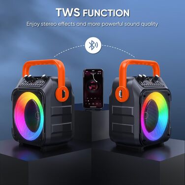 Wowstar Караоке Машина з 2 Бездротовими Мікрофонами, Портативна Bluetooth Колонка з Світловим Ефектом, Підтримка TF/USB, FM, Запис, AUX, TWS для Вечірок, Днів Народження (Помаранчевий)