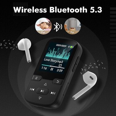 MP3 плеєр Bluetooth 5.3 з кліпсою, HiFi спортивний плеєр для дітей з FM-радіо, диктофоном та крокоміром, 64GB, чорний
