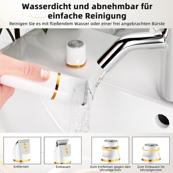 Електричний жіночий епілятор 2-в-1 для обличчя та тіла, з 2 насадками та гребінцем, водонепроникний (IPX7), білий