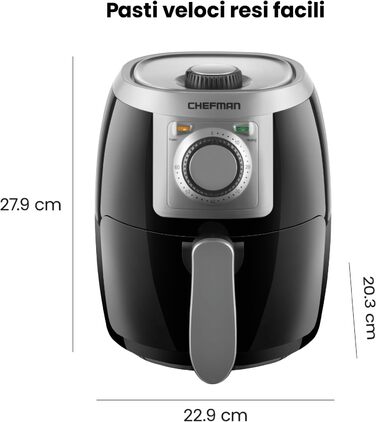 Фритюрниця Chefman 2L Mini – компактна, чорна, з антипригарним кошиком, цифровим таймером та індикатором струсу
