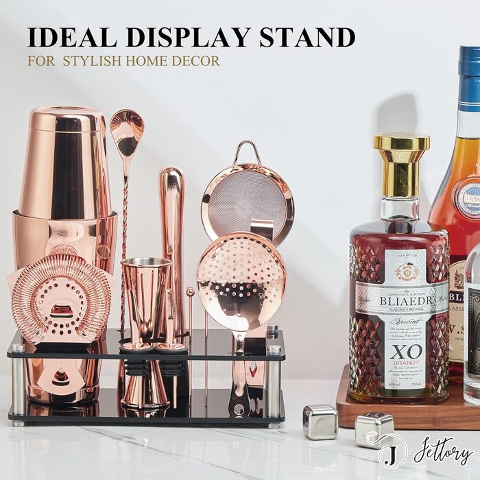 Набір шейкерів Boston - 16 предметів, нержавіюча сталь, рожеве золото, з акриловою основою, сито, щипці для льоду, барна ложка, мірний стакан, мадлер, виливач для пляшок та коктейльні шпажки