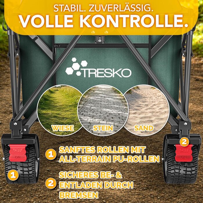 Універсальний складаний візок TRESKO® Bollerwagen 300L з гальмом, зелений - для пляжу, саду, транспорту вантажів до 150 кг, колеса з суцільною гумою