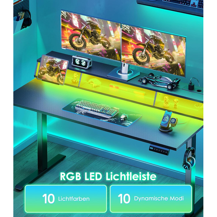 Офісний стіл для геймінгу OffiGo, 140 см, регулювання висоти, RGB LED, розетки, 3 стійкі місця для зберігання, тримач для напоїв та навушників, стільниця з карбонової поверхні (білий/чорний)