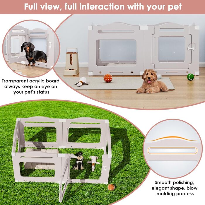 Клітка для цуценят з акрилу 60 см, 7 шт. + 1 вольєр для собак з дверцятами, без решіток, для дому, з присосками, прозора, теплий сірий (5+1)