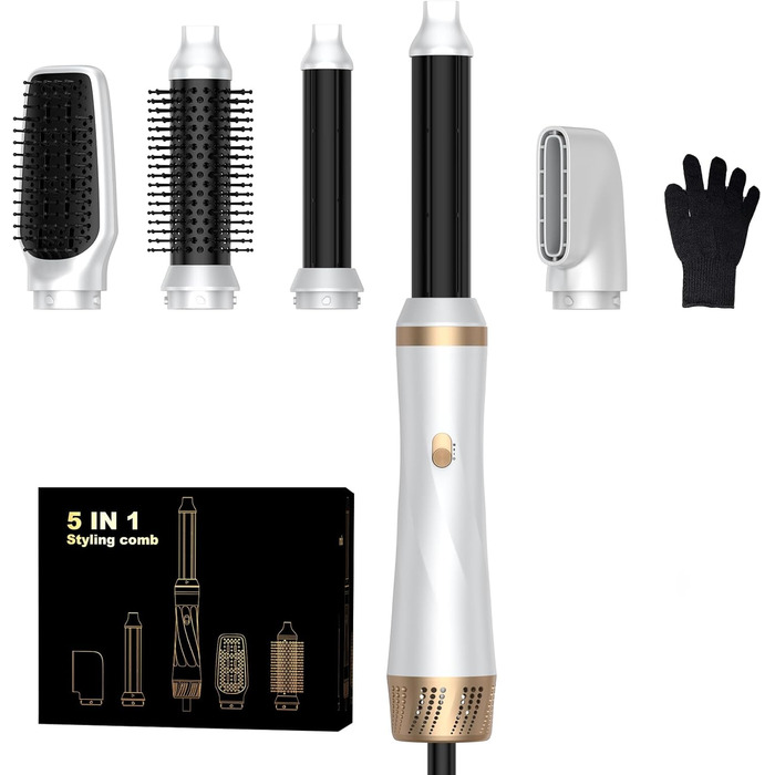 Мультистайлер для волосся 5 в 1 з термощіткою, фен-щіткою, круглою щіткою, плойкою та випрямлячем. Потужність 1000 Вт, 3 температурні режими. Ідеально для об'єму, випрямлення, локонів та сушіння. Білий (білий, рожевий)