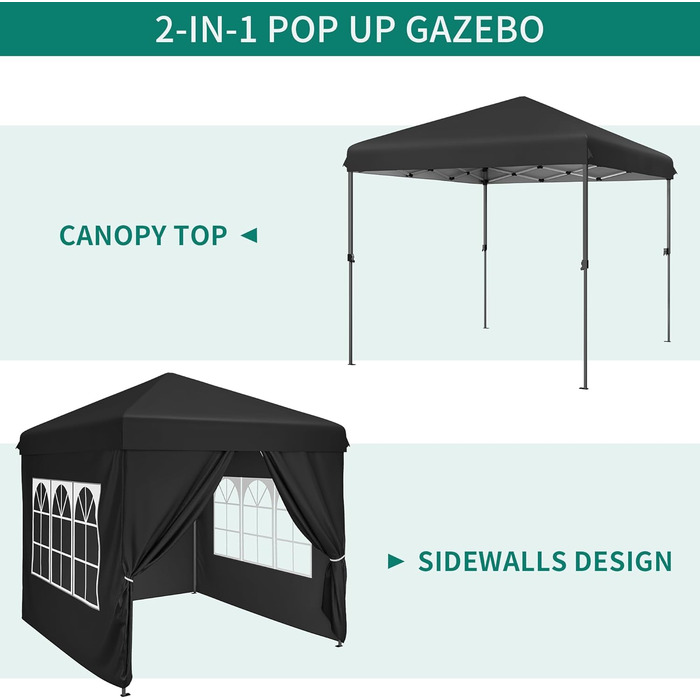 YITAHOME Outdoor Pop-Up Gazebo with Sides, Folding Gazebo, Waterproof Folding Garden Gazebo for All Seasons, Camping Gazebo, Anti-UV with Free Adjustable Height for Parties, Markets (Black, 2.5 x 2.5 m)