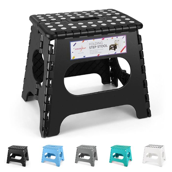 Складний стілець HOUSE DAY 27см чорний: міцний, з антиковзними ніжками та ручкою, для кухні, ванної, дитячої кімнати, кемпінгу, вантажопідйомність 150кг