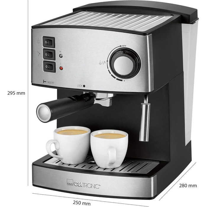 Clatronic® Espresso Machine | Small Coffee Machine | 15 bar Pump Pressure | 1.6 Liter Transparent Water Tank (Removable) | 2 Stainless Steel Nozzles with Frothing and Hot Water Function | 850 Watts | ES 3643