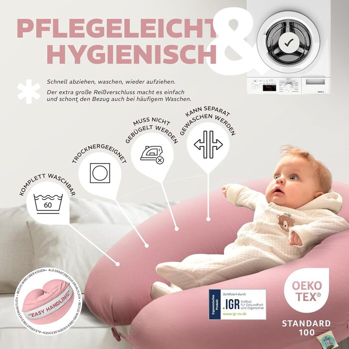 Подушка для вагітних та годування Sei Design XXL з муслінової тканини, ергономічна, для сну на боці, комфортна для дорослих, чохол з 100% органічної бавовни (джерсі, пастельно-рожевий, 190x30 см)