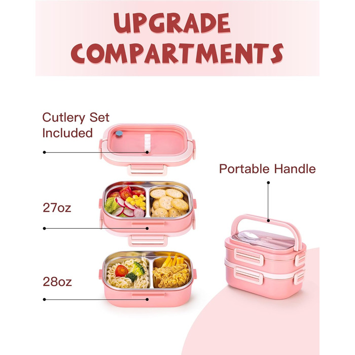 Ланчбокс Lille Home з 2 ярусами, 4 відділення, 1650 мл, з посудом, BPA-free, не протікає (Зелений) (Рожевий)