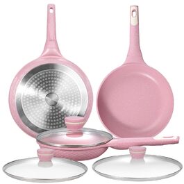 Сковорода антипригарна DYGG 20 см з кришкою (скло), гранітне покриття, без PFOA/PFAS, для всіх плит (індукція, газ, електро, кераміка) рожева