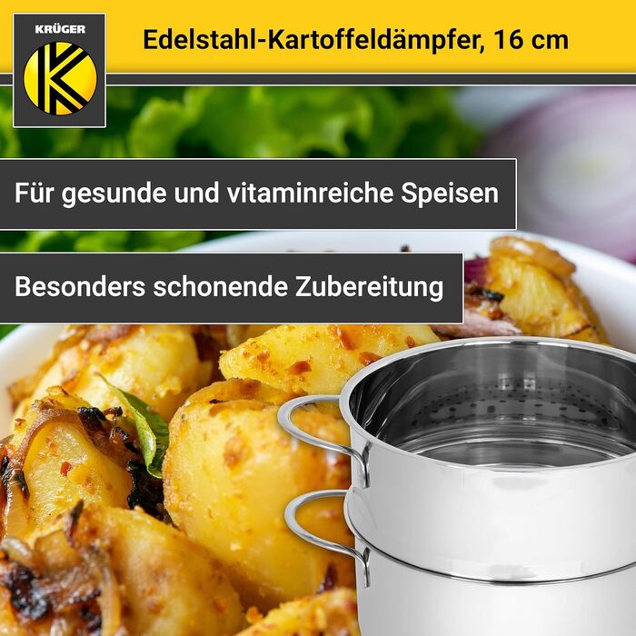 Каструля-пароварка для картоплі Krüger з нержавіючої сталі з кришкою, біо-пароварка з зручним краєм для виливання та енергозберігаючим капсульним дном, 16 см