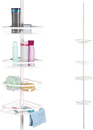 Bremermann Telescope Corner Shelf, 4 Baskets, Telescope Rod up to approx. 290 cm (White)