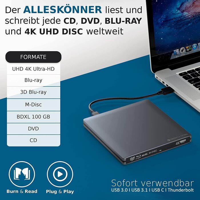 Зовнішній Blu-ray привід techPulse120 UHD 4K 3D M-Disc BDXL USB 3.0 та USB-C, DVD/CD записувач для ноутбука та ПК, Windows/Mac OS, алюміній, сірий