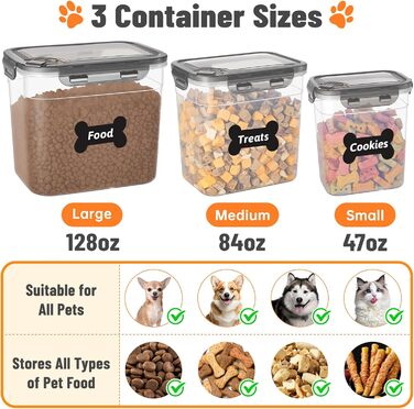 Набір контейнерів для корму для собак ZooZoo (3 шт.) з герметичними кришками, BPA-free, для сухого корму, великі, середні, малі, з лопатками, етикетками, пінцетом та маркером