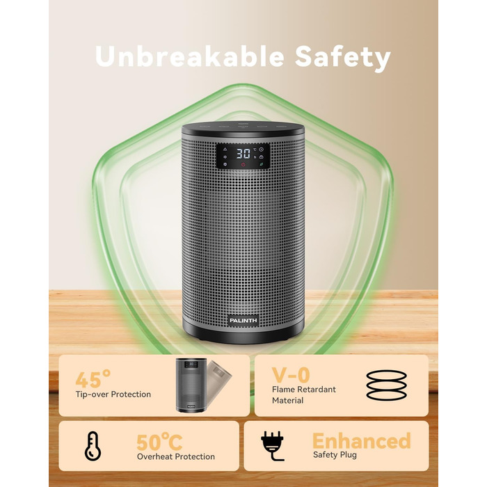 Електричний обігрівач PALINTH 1500W з термостатом, 4 режими, захист від перегріву та перекидання, таймер 8H, для дому, чорний