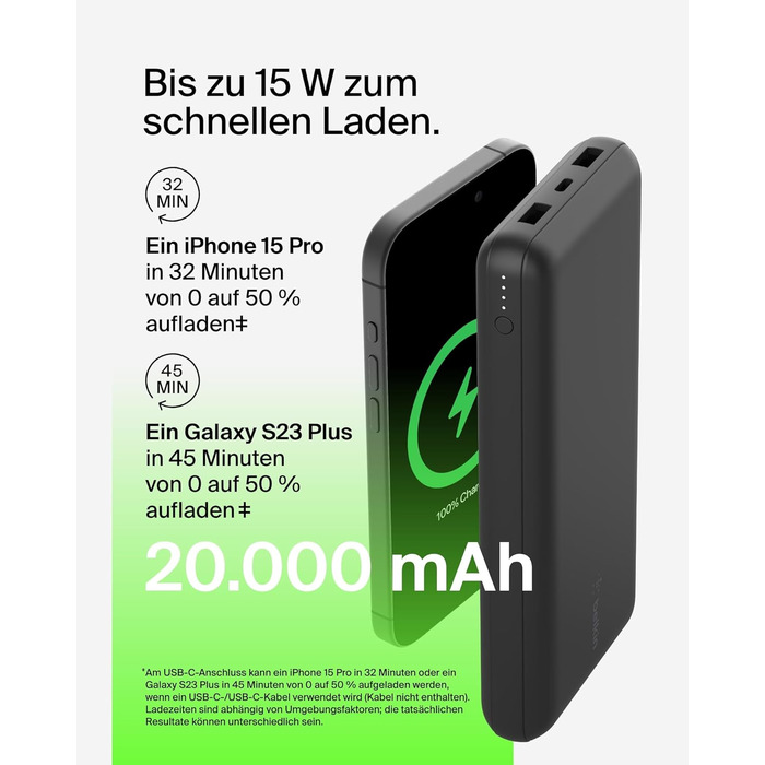 Powerbank Belkin 20000mAh з USB-C та USB-A: заряд для iPhone, Galaxy, Pixel, iPad, AirPods та інших пристроїв – Чорний