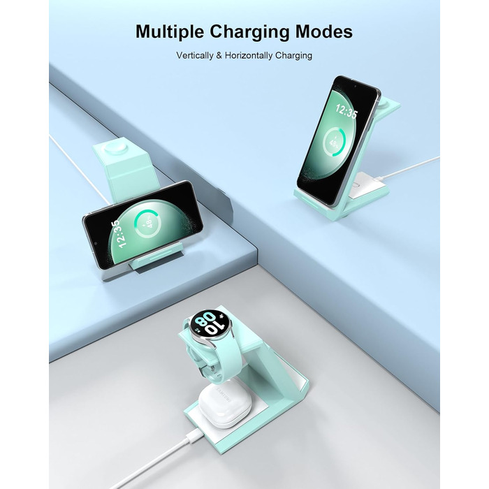 Зарядний пристрій NANAMI 3-в-1 для Samsung Galaxy Watch, Buds та смартфонів S25, S24, S23 Ultra, Z Flip, Z Fold (зелений)