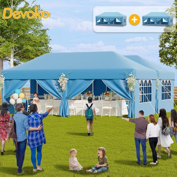 Devoko Gazebo, 2x2 Meter Waterproof, Stable, Winter-Proof Gazebo with 3 Height Adjustments, Foldable Gazebo with UV Protection 50+, Folding Tent, Gazebo with Carrying Bag, For Garden, Outdoor, Camping (3x6m, 6 Side Walls, Blue)