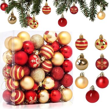 Новорічні кулі для ялинки, 50 шт. 3/4/6 см, з глітером, червоно-золоті. Пластикові прикраси для ялинки