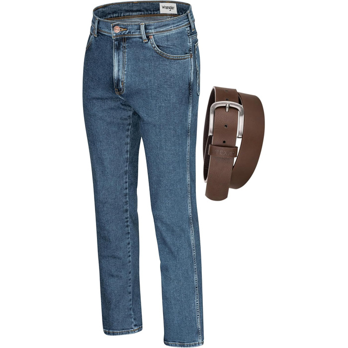 Джинси чоловічі Wrangler Texas Regular Fit Authentic Straight, еластичні, Stonewash, з ременем (36W/36L, коричневий)