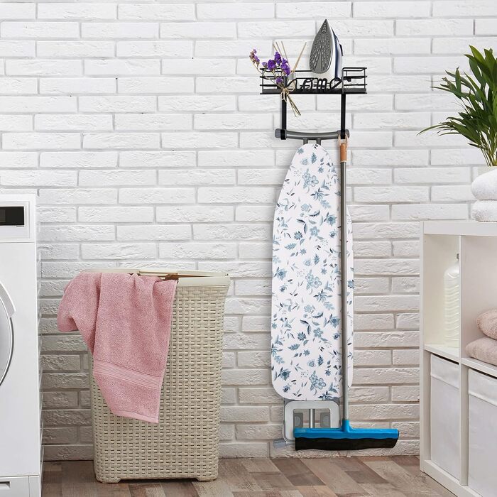 Настінна вішалка для праски TJ.MOREE з кошиком для зберігання та гачками (чорна)